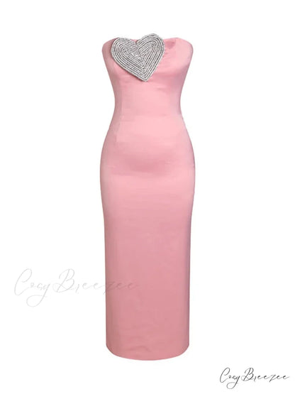 Sexy Strapless Heart Crystal Design Long Pink Sleeveless Diamonds Elegant Christmas Party Dress Pink / S