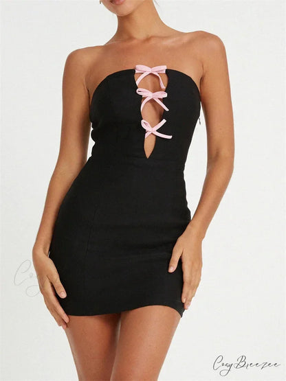 Sexy Strapless Off Shoulder Casual Bow Patchwork Cutout Mini Dress