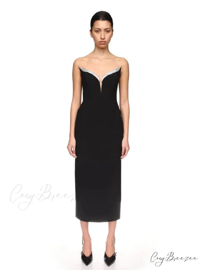 Sexy Strapless V Neck Diamonds Bandage Black Sleeveless Christmas Party Dress