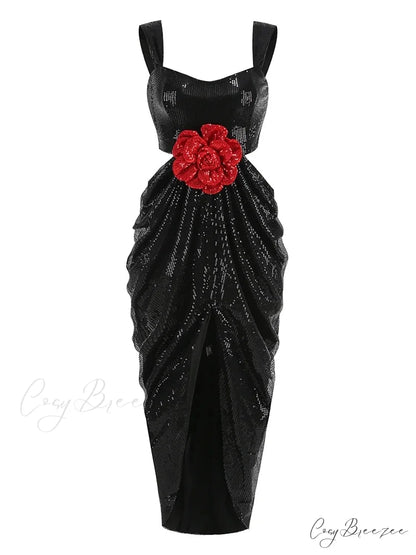 Sexy Straps 3D Flower Shiny Sequins Folds Long Cutout Slim Christmas Party Dress Black / XS