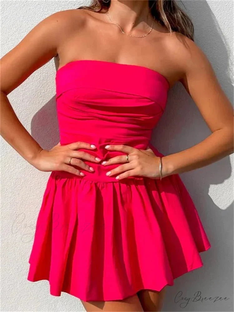 Sexy Summer Tube Strapless Off Shoulder Solid Ruched Mini Dress RED / S