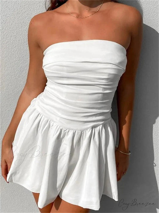 Sexy Summer Tube Strapless Off Shoulder Solid Ruched Mini Dress WHITE / S