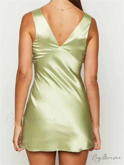 Sexy Tank Sleeveless V Neck Ruched Slim Fit Mini Dress