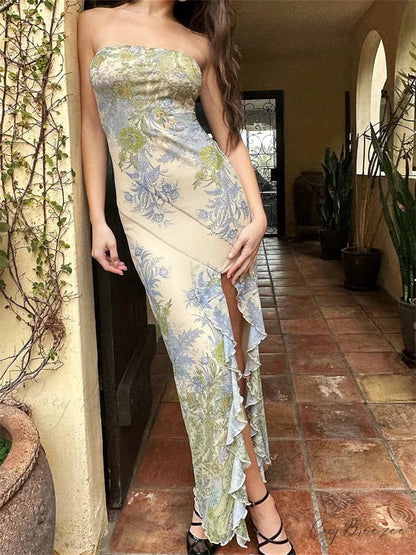 Sexy Tube for Women Irregular Hem Tassel Strapless Off Shoulder Ruffle High Split Vestido BEIGE / S