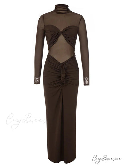 Sexy Turtleneck Mesh Patchwork Folds Brown Long Sleeve Draped Christmas Party Dress Brown / XS