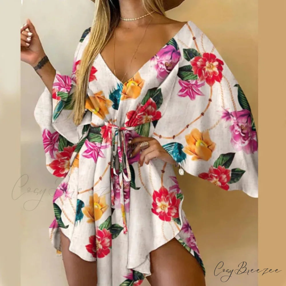 Sexy V-neck Bat Sleeve Bohemian Floral Beach Sundress Fuchsia / S oldfloraldress-250126
