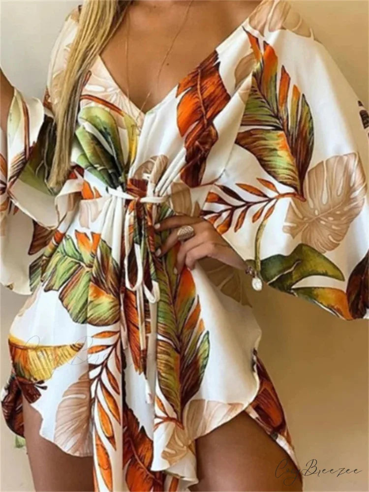 Sexy V-neck Bat Sleeve Bohemian Floral Beach Sundress oldfloraldress-250126
