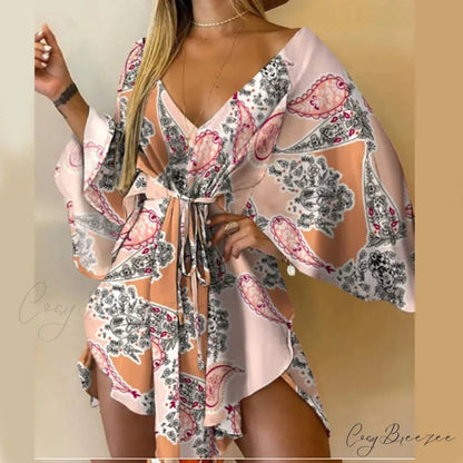Sexy V-neck Bat Sleeve Bohemian Floral Beach Sundress Pink / S oldfloraldress-250126
