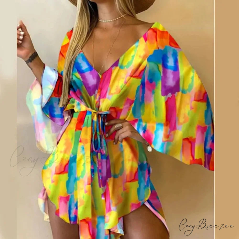 Sexy V-neck Bat Sleeve Bohemian Floral Beach Sundress Yellow / S oldfloraldress-250126