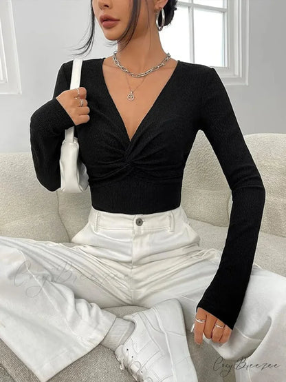 Sexy V-Neck Knitted Base Shirt Figure Slim Fit Top Women 25223196-balck / S knittop-250126