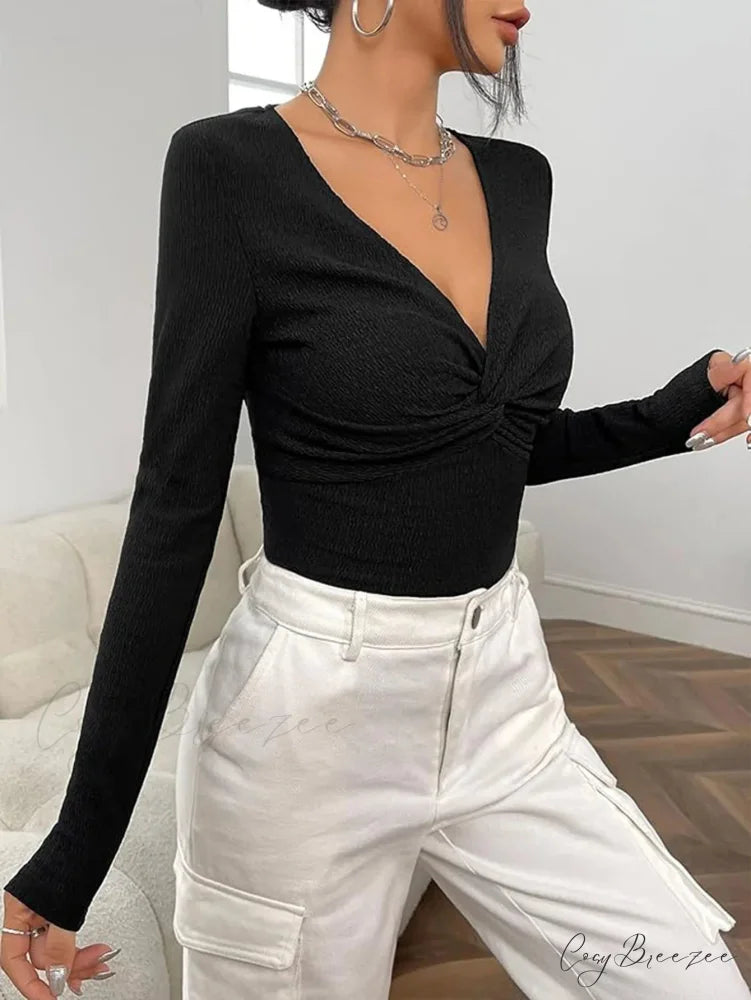 Sexy V-Neck Knitted Base Shirt Figure Slim Fit Top Women knittop-250126