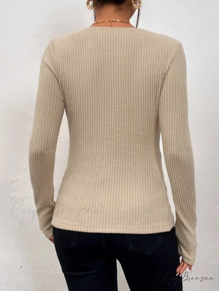 Sexy V-Neck Pleated Knotted Long Sleeve Knitted T-shirt Women knittop-250126