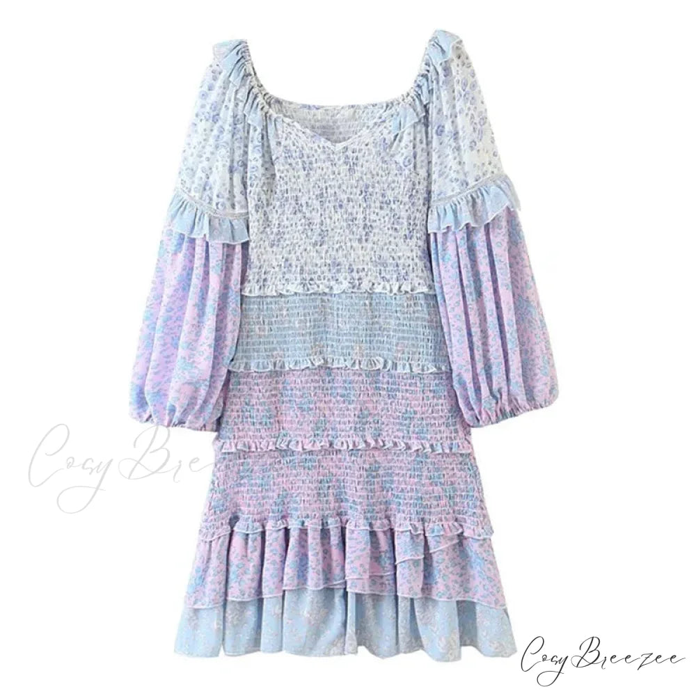 Sexy V-Neck Ruffle Floral Lantern Sleeve Boho Dress
