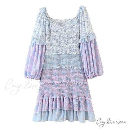 Sexy V-Neck Ruffle Floral Lantern Sleeve Boho Dress
