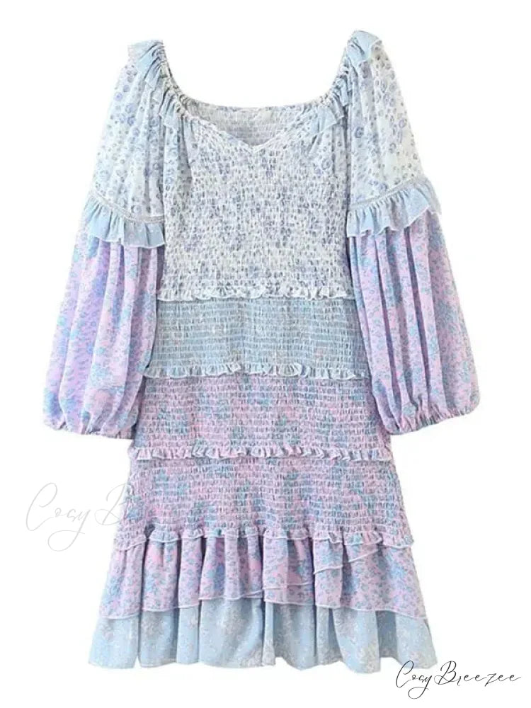 Sexy V-Neck Ruffle Floral Lantern Sleeve Boho Dress Lavender / S