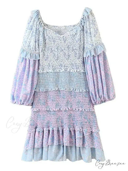 Sexy V-Neck Ruffle Floral Lantern Sleeve Boho Dress Lavender / S
