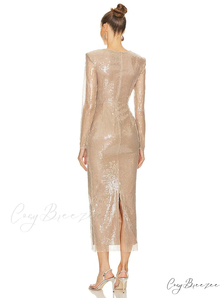 Sexy V Neck Sequins Cutout 3D Flower Dress Long Sleeves Christmas Party Dress