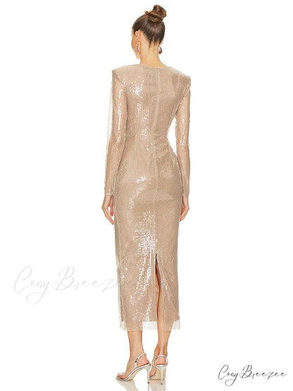Sexy V Neck Sequins Cutout 3D Flower Dress Long Sleeves Christmas Party Dress