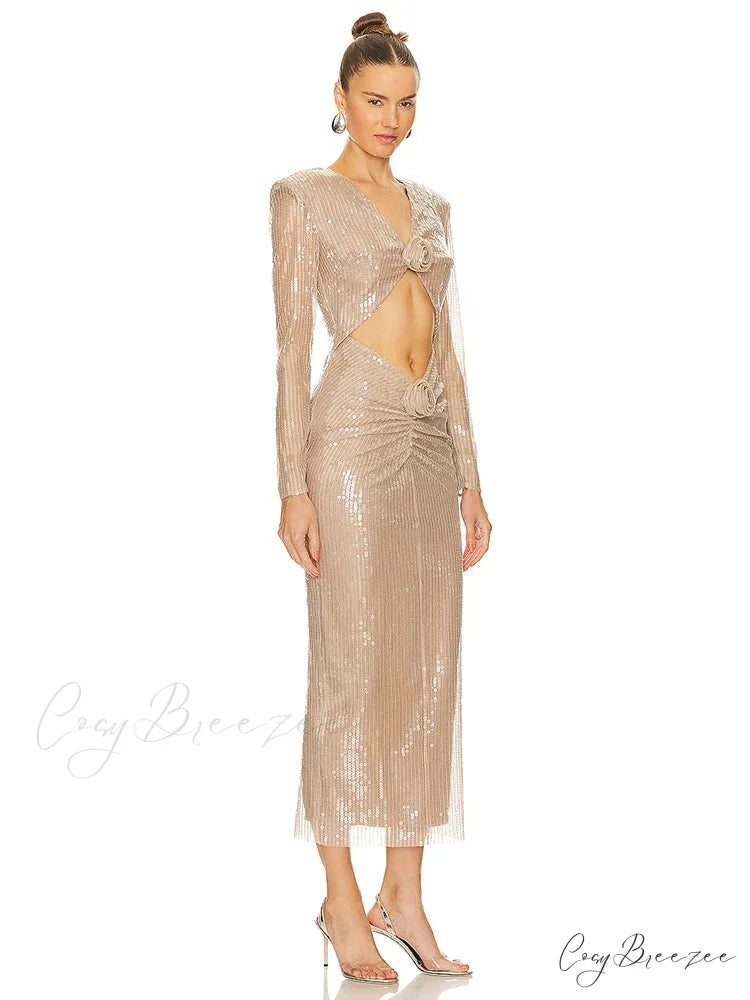 Sexy V Neck Sequins Cutout 3D Flower Dress Long Sleeves Christmas Party Dress