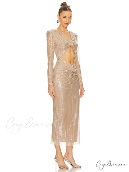 Sexy V Neck Sequins Cutout 3D Flower Dress Long Sleeves Christmas Party Dress
