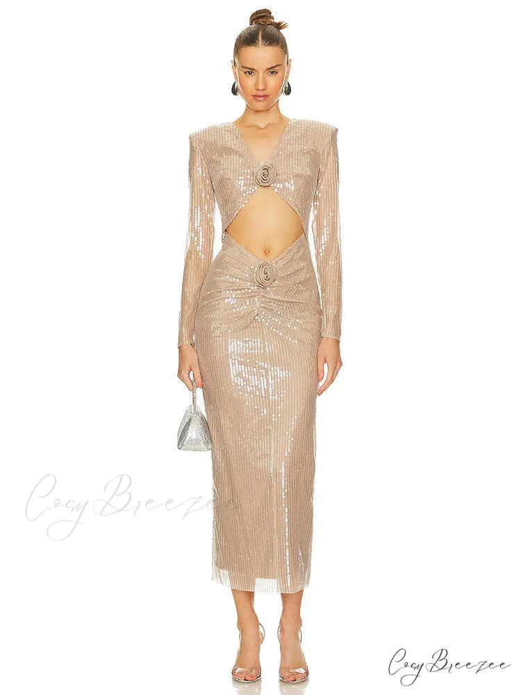 Sexy V Neck Sequins Cutout 3D Flower Dress Long Sleeves Christmas Party Dress