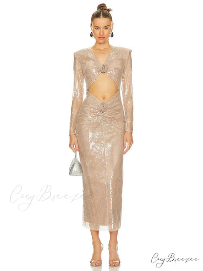 Sexy V Neck Sequins Cutout 3D Flower Dress Long Sleeves Christmas Party Dress
