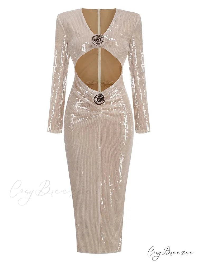 Sexy V Neck Sequins Cutout 3D Flower Dress Long Sleeves Christmas Party Dress Khaki / S