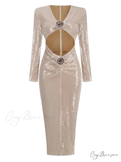 Sexy V Neck Sequins Cutout 3D Flower Dress Long Sleeves Christmas Party Dress Khaki / S