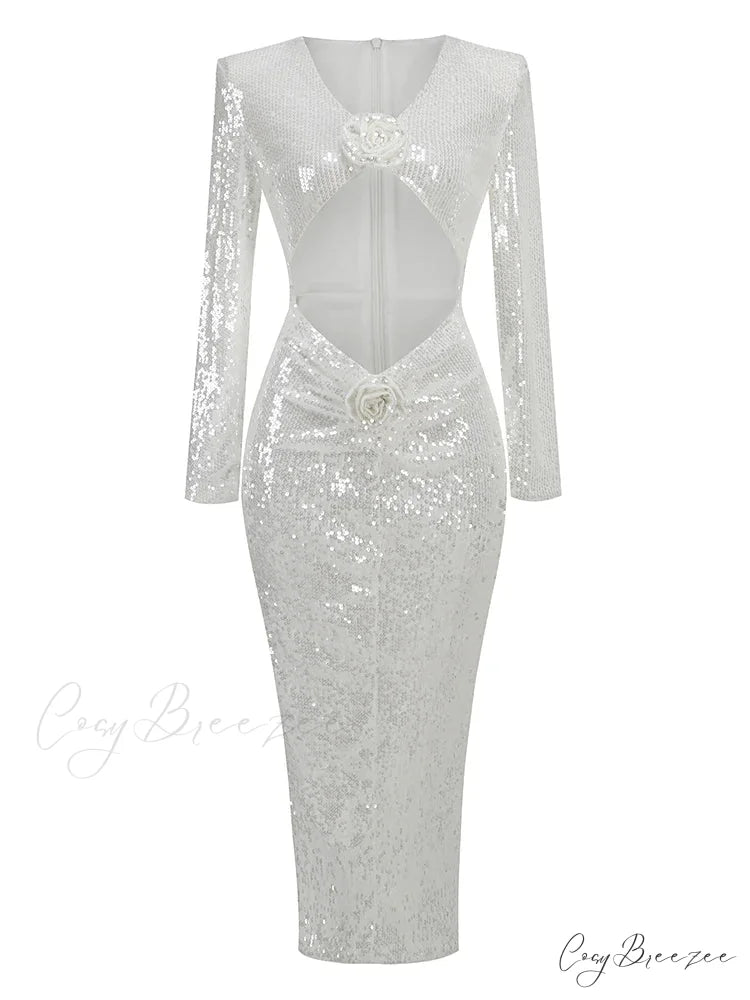 Sexy V Neck Sequins Cutout 3D Flower Dress Long Sleeves Christmas Party Dress WHITE / S