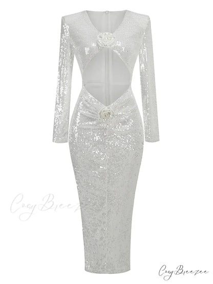 Sexy V Neck Sequins Cutout 3D Flower Dress Long Sleeves Christmas Party Dress WHITE / S