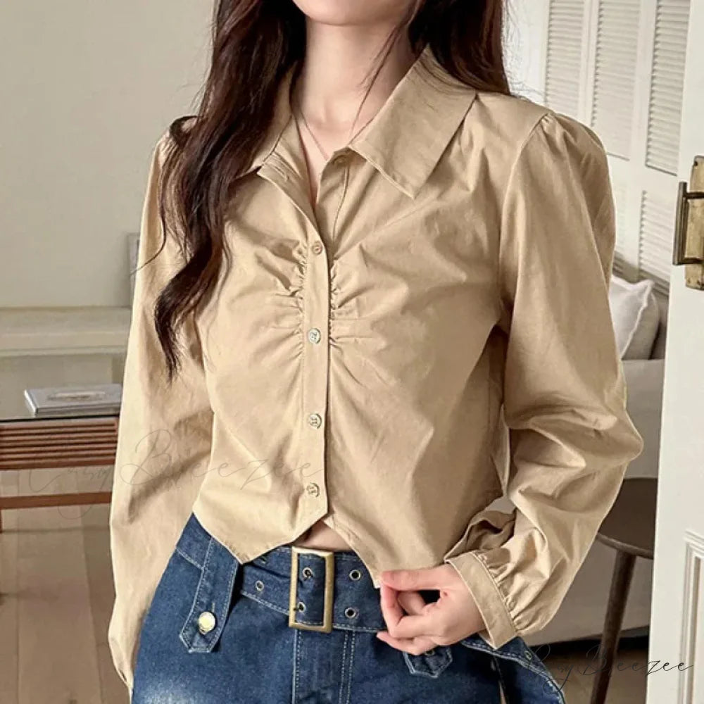 Sexy V-neck Short Sleeve French Style Crop Top Khaki / One Size blouse-250126