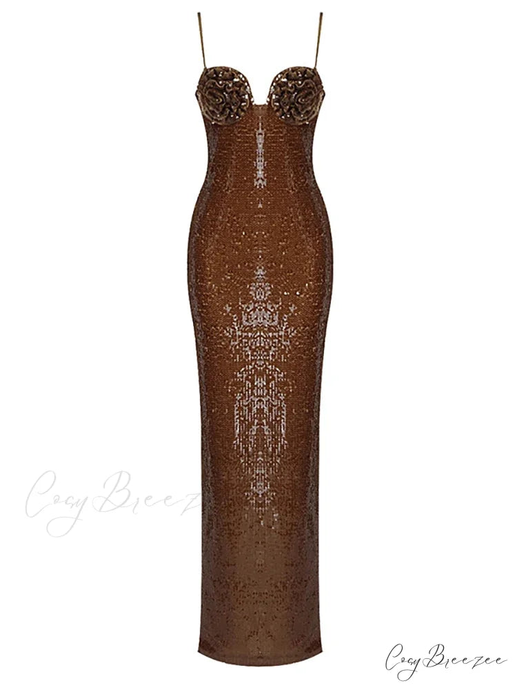 Sexy V Neck Spaghetti Straps Slit Long Dress Sleeveless Flower Christmas Party Dress brown / S