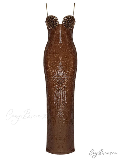 Sexy V Neck Spaghetti Straps Slit Long Dress Sleeveless Flower Christmas Party Dress brown / S
