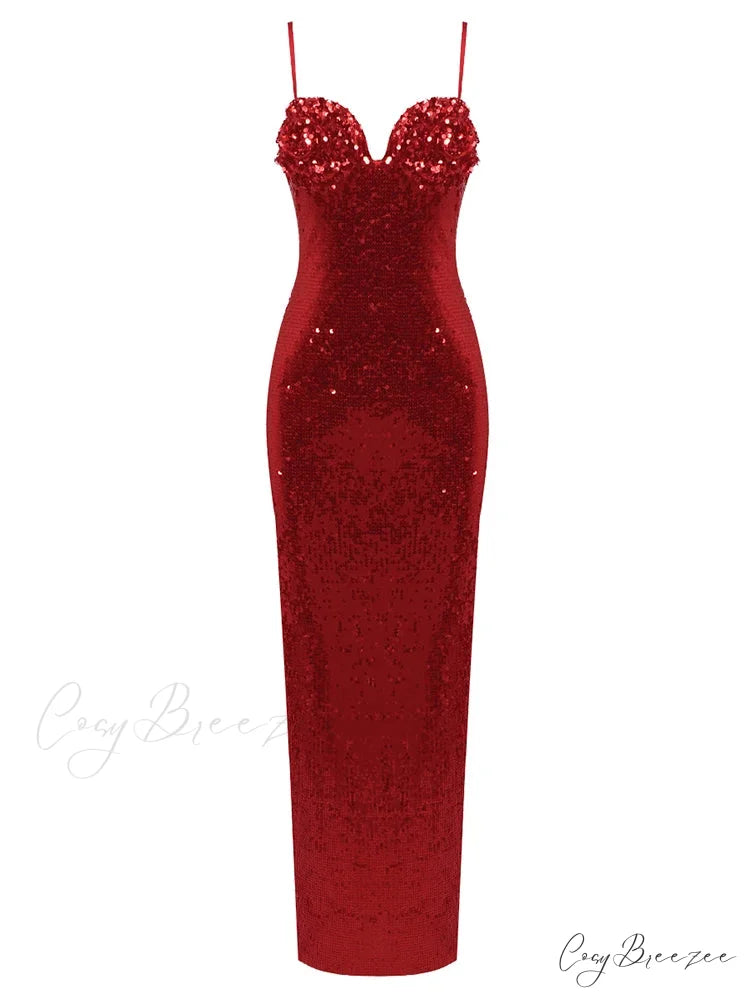 Sexy V Neck Spaghetti Straps Slit Long Dress Sleeveless Flower Christmas Party Dress Red / S