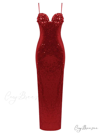 Sexy V Neck Spaghetti Straps Slit Long Dress Sleeveless Flower Christmas Party Dress Red / S