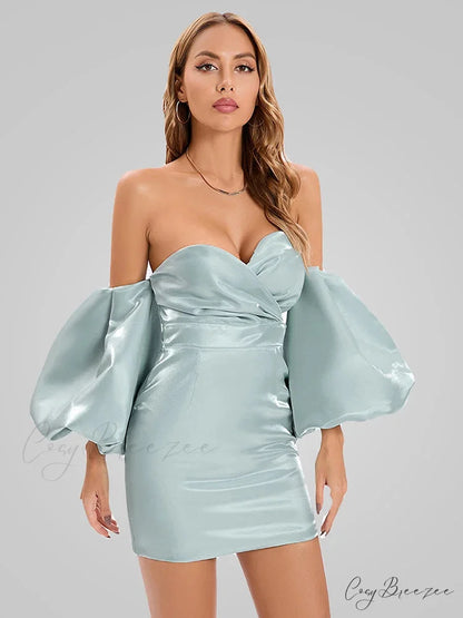 Sexy V-neck Strapless Puff Sleeve Satin Midi Off Shoulder Christmas Party Dress