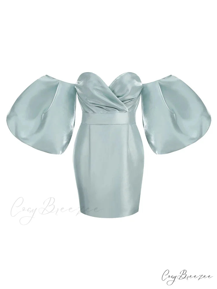 Sexy V-neck Strapless Puff Sleeve Satin Midi Off Shoulder Christmas Party Dress blue / S
