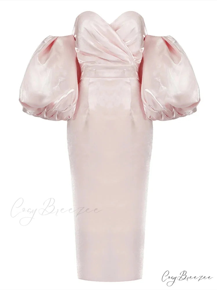 Sexy V-neck Strapless Puff Sleeve Satin Midi Off Shoulder Christmas Party Dress Pink / S