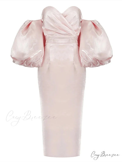Sexy V-neck Strapless Puff Sleeve Satin Midi Off Shoulder Christmas Party Dress Pink / S