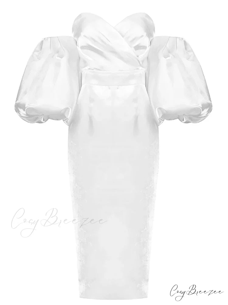 Sexy V-neck Strapless Puff Sleeve Satin Midi Off Shoulder Christmas Party Dress White / S