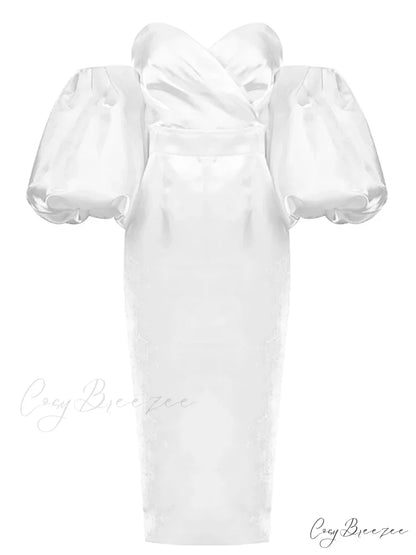 Sexy V-neck Strapless Puff Sleeve Satin Midi Off Shoulder Christmas Party Dress White / S