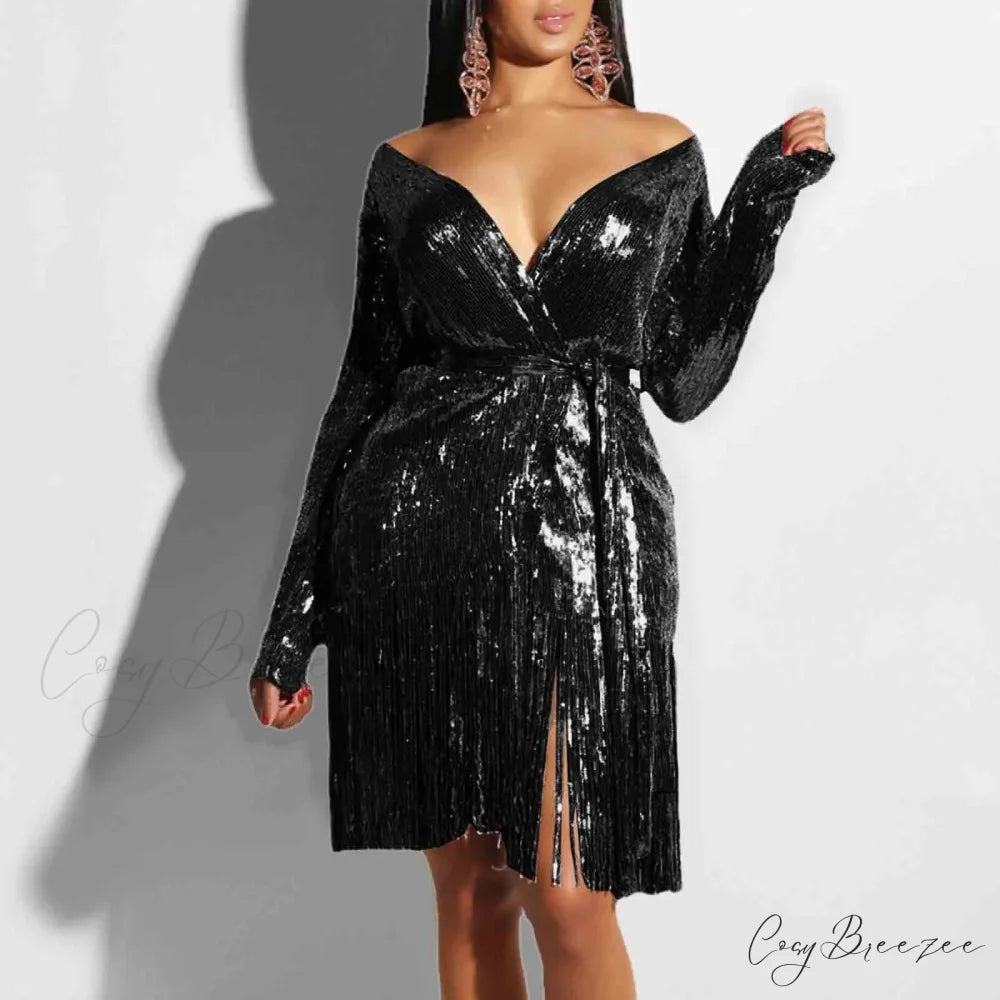 Sexy Vintage Elegant Black Maxi Sequined Summer Tassel Short-Sleeve Cocktail Party Vestidos Dress Black / S
