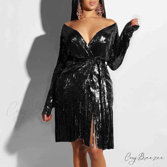 Sexy Vintage Elegant Black Maxi Sequined Summer Tassel Short-Sleeve Cocktail Party Vestidos Dress Black / S