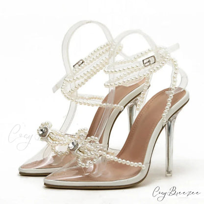 Sexy White String Bead Transparent High Heels Summer Fashion Butterfly-Knot Clear Sandals Pointed Toe Pumps White / 35