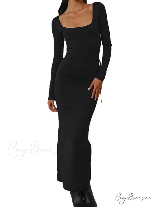 Sexy Women Backless Hollow Out Criss-cross Tie-up Sleeve Black Solid Slim Fit Party Vestidos