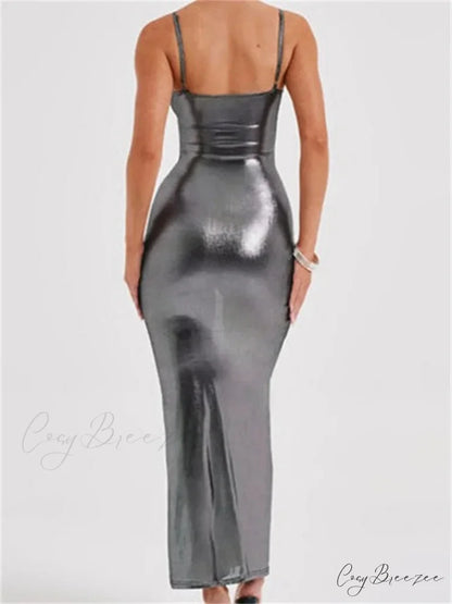 Sexy Women Bodycon Solid Metallic Sleeveless Strap Summer Backless Party Female Vestidos Streetwear