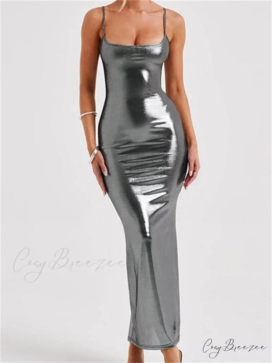 Sexy Women Bodycon Solid Metallic Sleeveless Strap Summer Backless Party Female Vestidos Streetwear DRAK SILVER / S
