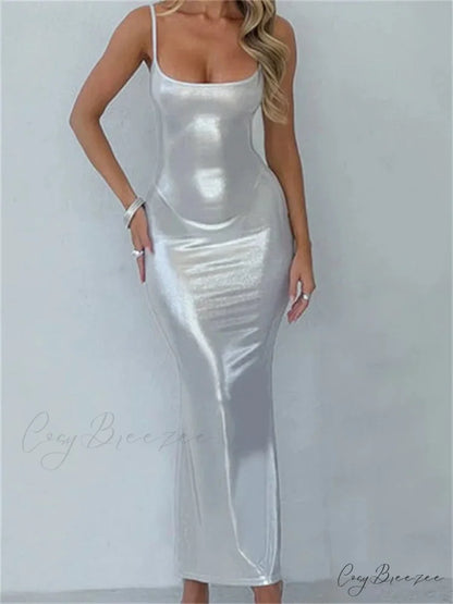 Sexy Women Bodycon Solid Metallic Sleeveless Strap Summer Backless Party Female Vestidos Streetwear SILVER / S