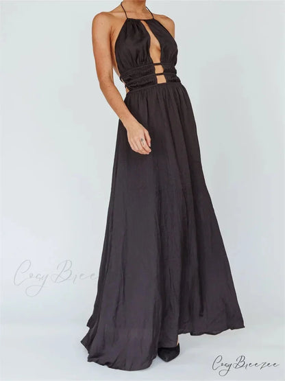 Sexy Women Halter Tie-up Sleeveless Backless Solid Color Cocktail Formal Party Ruched Vestidos BLACK / S