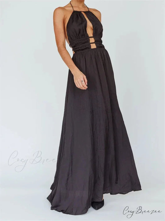 Sexy Women Halter Tie-up Sleeveless Backless Solid Color Cocktail Formal Party Ruched Vestidos BLACK / S